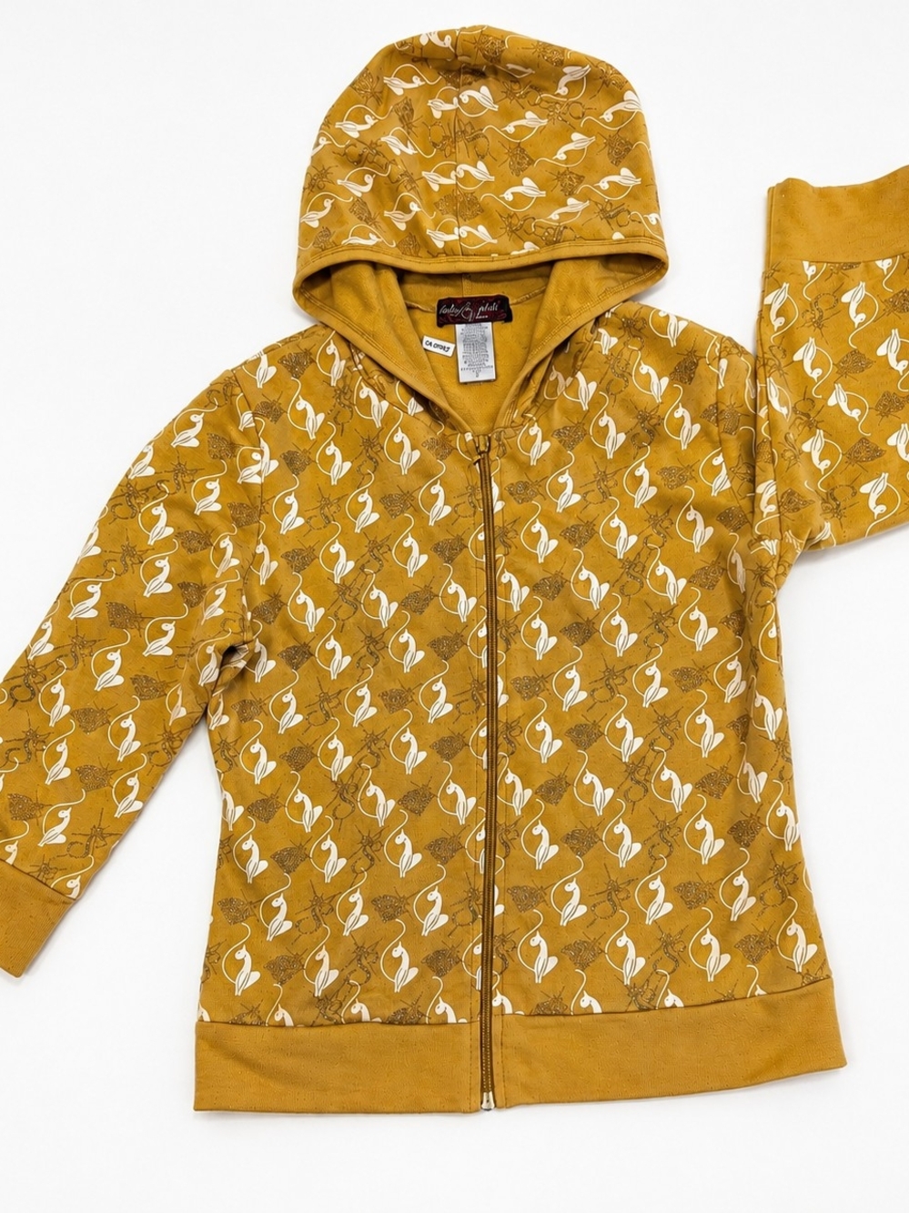 Baby Phat Vintage Y2K Hoodie Zip Up Mustard Gold 3/4 Sleeve Cat Print Size L
